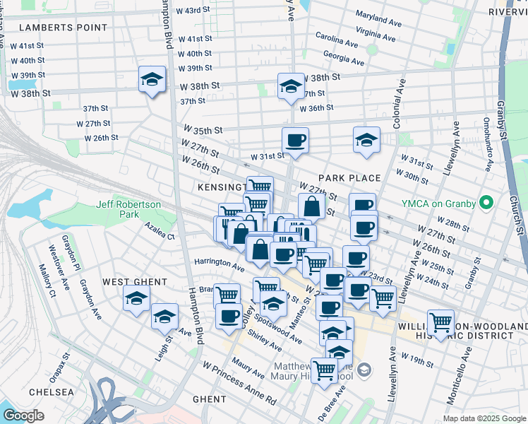 map of restaurants, bars, coffee shops, grocery stores, and more near 2401 Colley Avenue in Norfolk