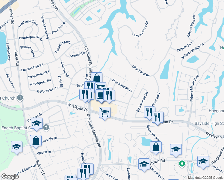 map of restaurants, bars, coffee shops, grocery stores, and more near 5341 Hickory Ridge Court in Virginia Beach