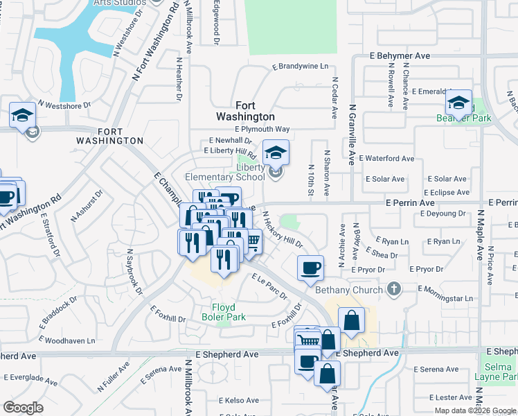map of restaurants, bars, coffee shops, grocery stores, and more near 1229 East Perrin Avenue in Fresno