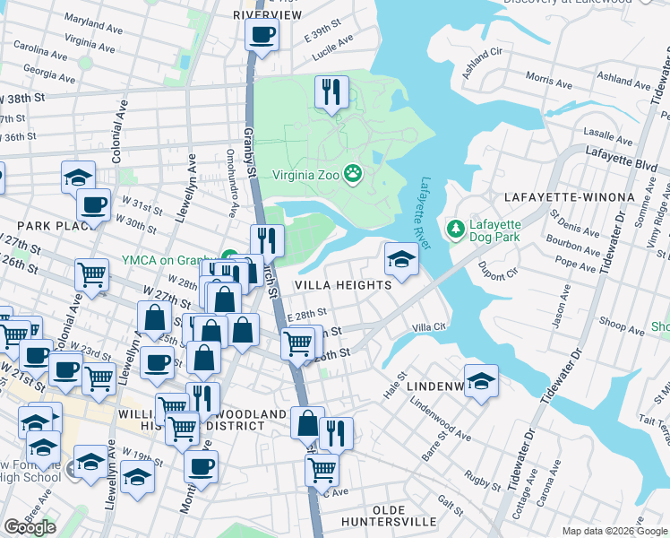 map of restaurants, bars, coffee shops, grocery stores, and more near 811 East 30th Street in Norfolk