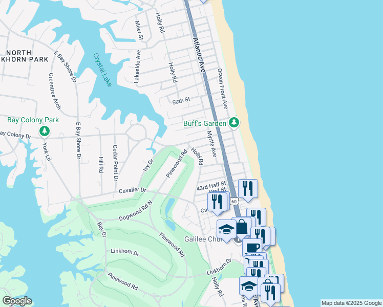 map of restaurants, bars, coffee shops, grocery stores, and more near 4600 Holly Road in Virginia Beach