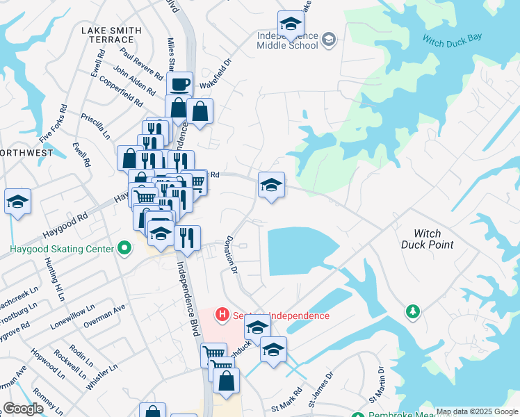 map of restaurants, bars, coffee shops, grocery stores, and more near 126 Donation Drive in Virginia Beach