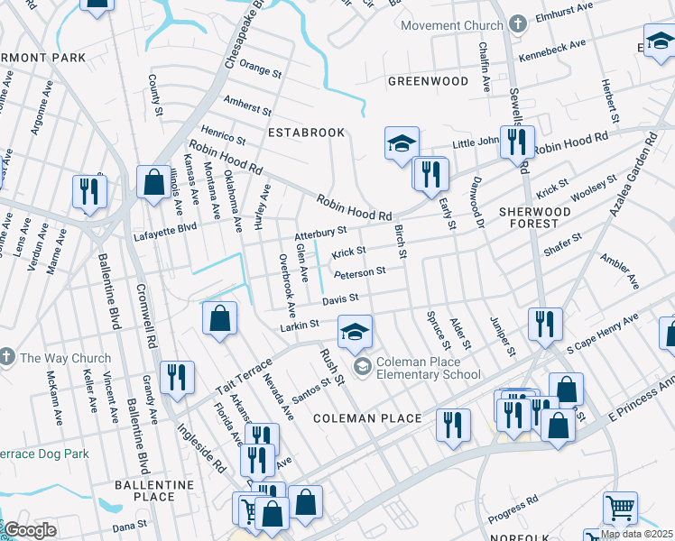 map of restaurants, bars, coffee shops, grocery stores, and more near 3841 Peterson Street in Norfolk