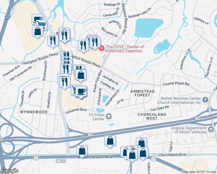 map of restaurants, bars, coffee shops, grocery stores, and more near 8122 Lee Hall Avenue in Suffolk