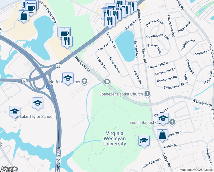 map of restaurants, bars, coffee shops, grocery stores, and more near 5817 Wesleyan Drive in Virginia Beach