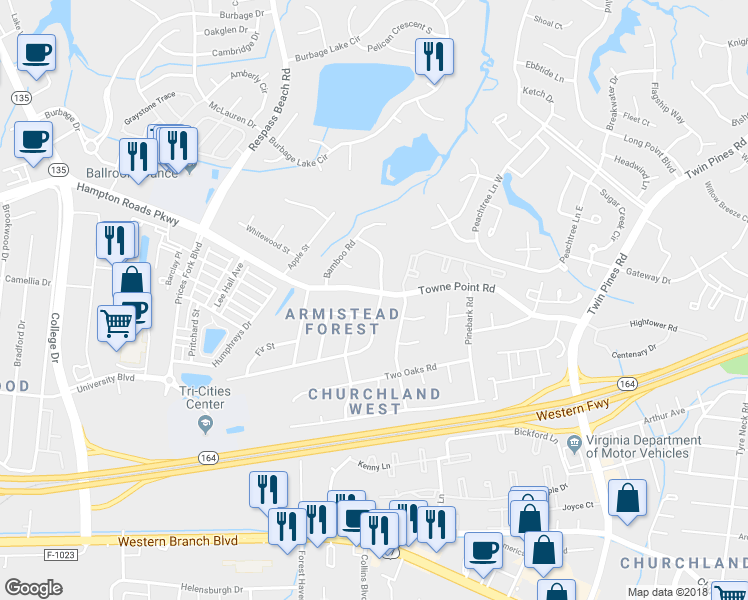 map of restaurants, bars, coffee shops, grocery stores, and more near 3901 Towne Point Road in Portsmouth