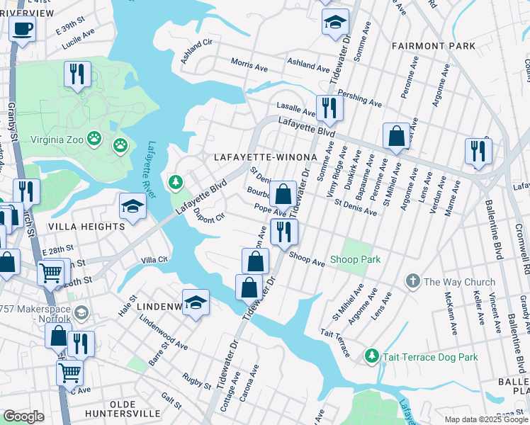 map of restaurants, bars, coffee shops, grocery stores, and more near 1753 Pope Avenue in Norfolk