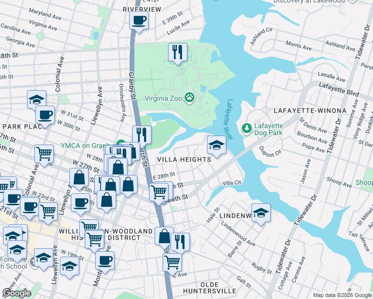 map of restaurants, bars, coffee shops, grocery stores, and more near in Norfolk