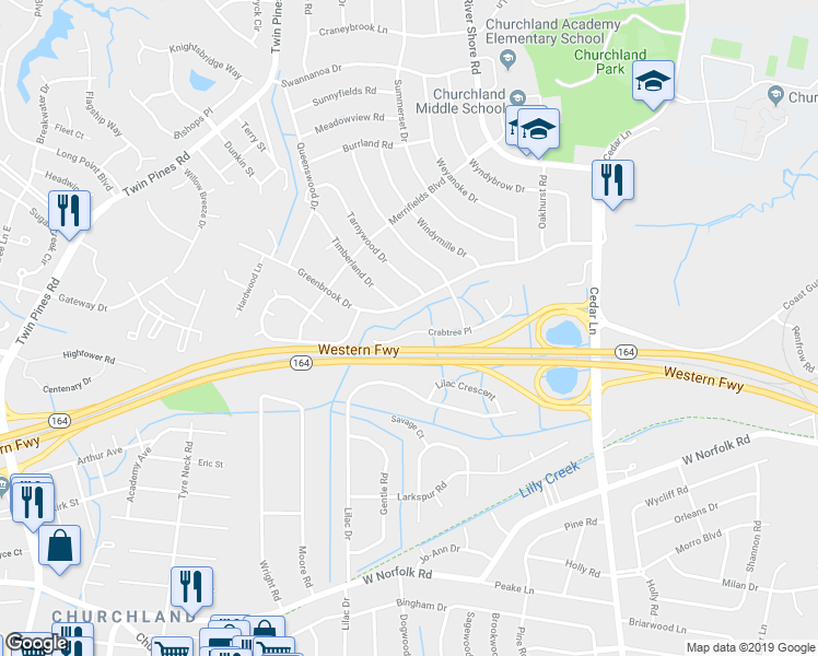 map of restaurants, bars, coffee shops, grocery stores, and more near 5232 Crabtree Place in Portsmouth