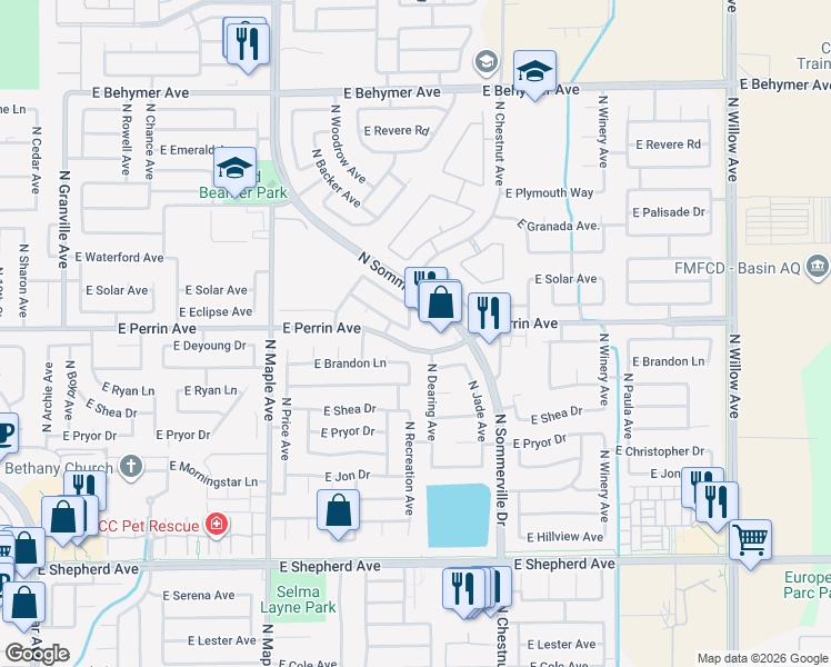 map of restaurants, bars, coffee shops, grocery stores, and more near 9398 North Recreation Avenue in Fresno