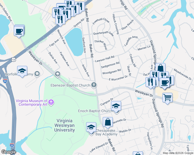 map of restaurants, bars, coffee shops, grocery stores, and more near 1001 Baker Road in Virginia Beach