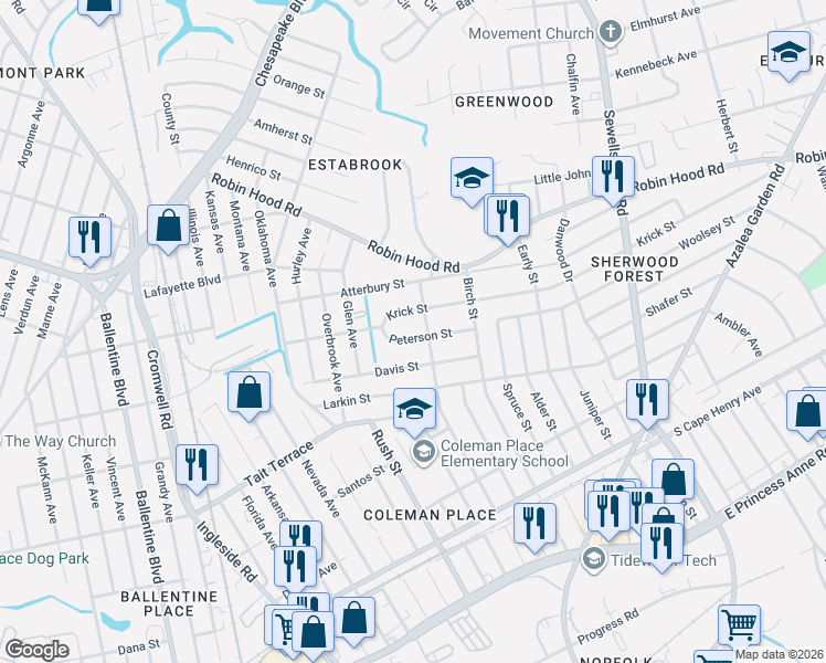 map of restaurants, bars, coffee shops, grocery stores, and more near 3841 Peterson Street in Norfolk