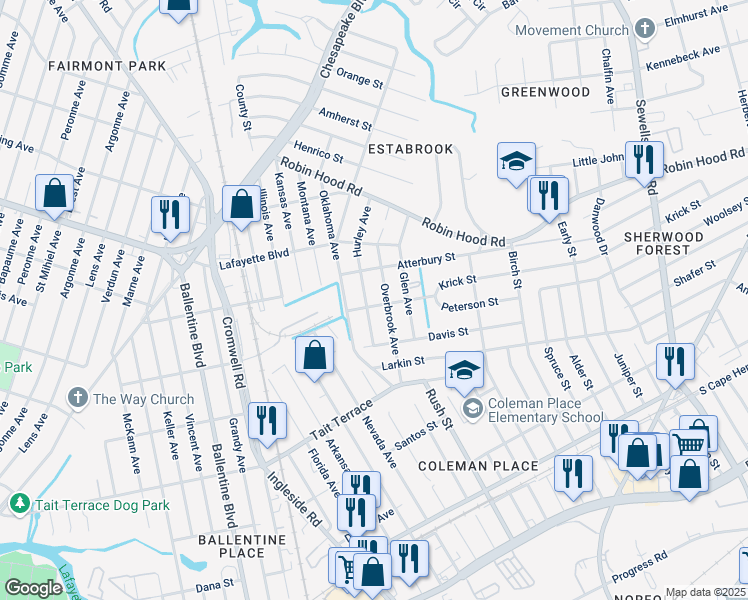 map of restaurants, bars, coffee shops, grocery stores, and more near 2718 Hurley Avenue in Norfolk