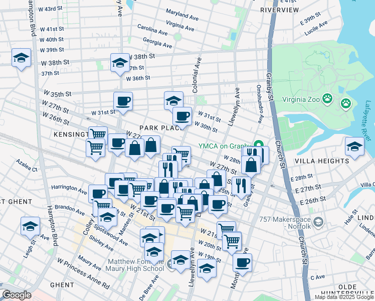 map of restaurants, bars, coffee shops, grocery stores, and more near 405 West 27th Street in Norfolk