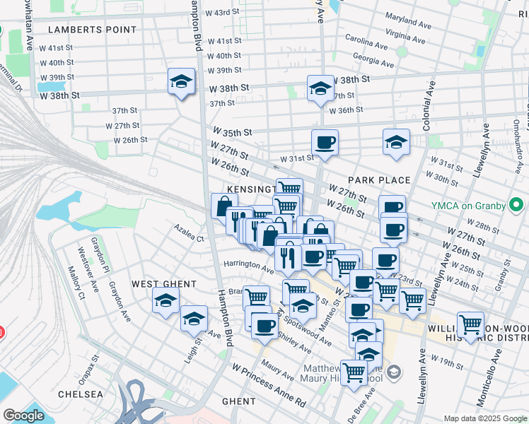 map of restaurants, bars, coffee shops, grocery stores, and more near 918 West 23rd Street in Norfolk