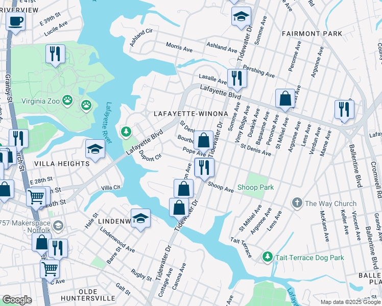 map of restaurants, bars, coffee shops, grocery stores, and more near 1753 Pope Avenue in Norfolk