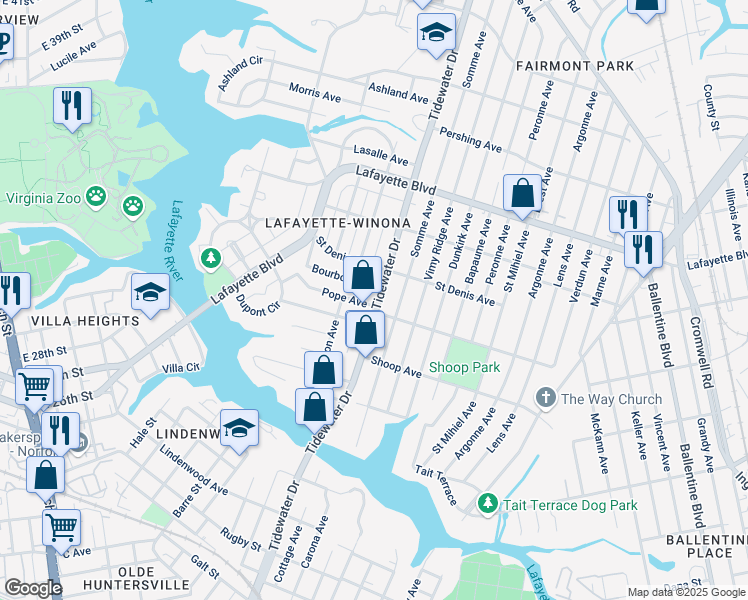 map of restaurants, bars, coffee shops, grocery stores, and more near 2839 Somme Avenue in Norfolk