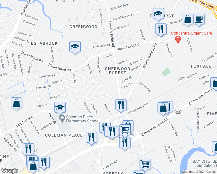 map of restaurants, bars, coffee shops, grocery stores, and more near 4628 Larkin Street in Norfolk