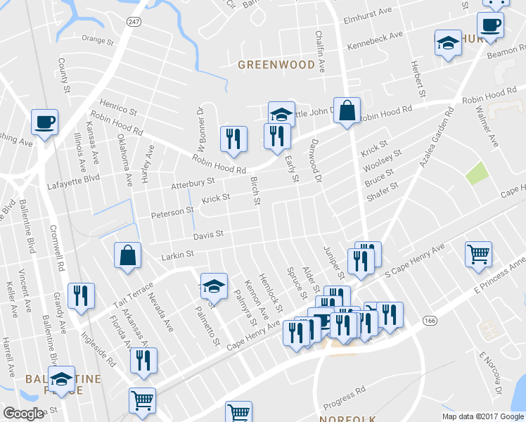 map of restaurants, bars, coffee shops, grocery stores, and more near 2728 Birch Street in Norfolk