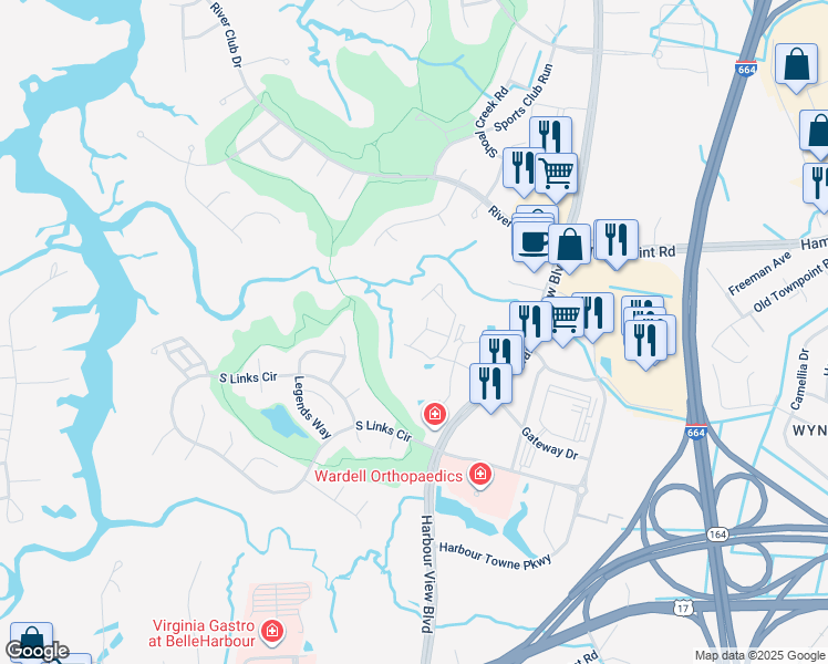 map of restaurants, bars, coffee shops, grocery stores, and more near 4015 Palmer Court in Suffolk