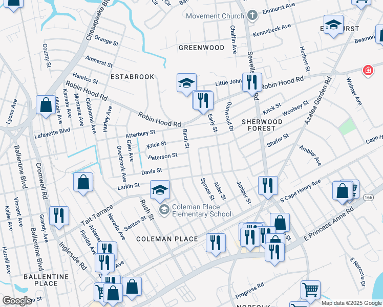map of restaurants, bars, coffee shops, grocery stores, and more near 2728 Birch Street in Norfolk