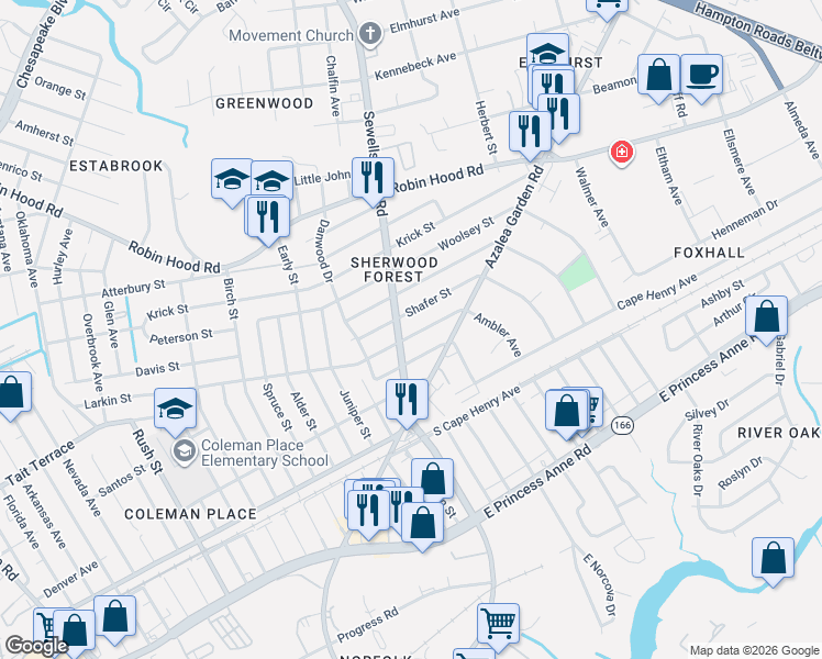 map of restaurants, bars, coffee shops, grocery stores, and more near 4829 Shafer Street in Norfolk