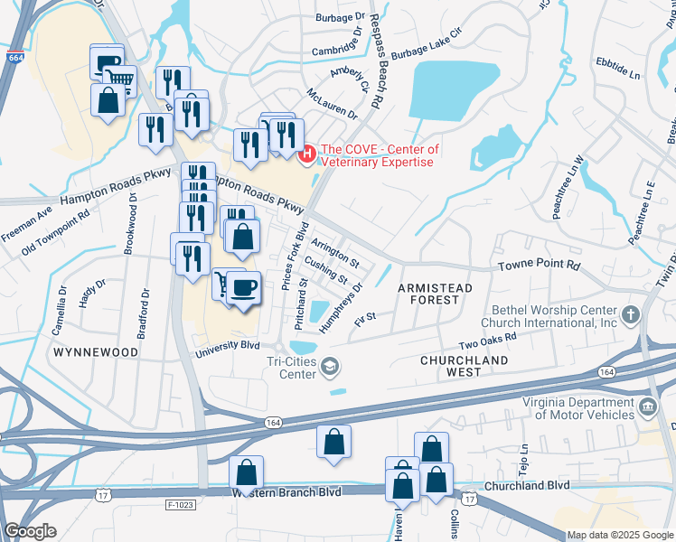 map of restaurants, bars, coffee shops, grocery stores, and more near 6211 Cushing Street in Suffolk