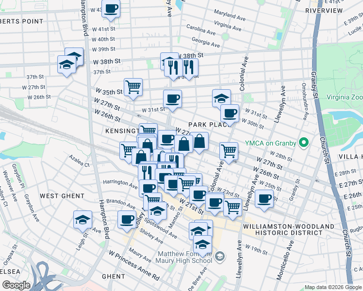 map of restaurants, bars, coffee shops, grocery stores, and more near 701 West 26th Street in Norfolk