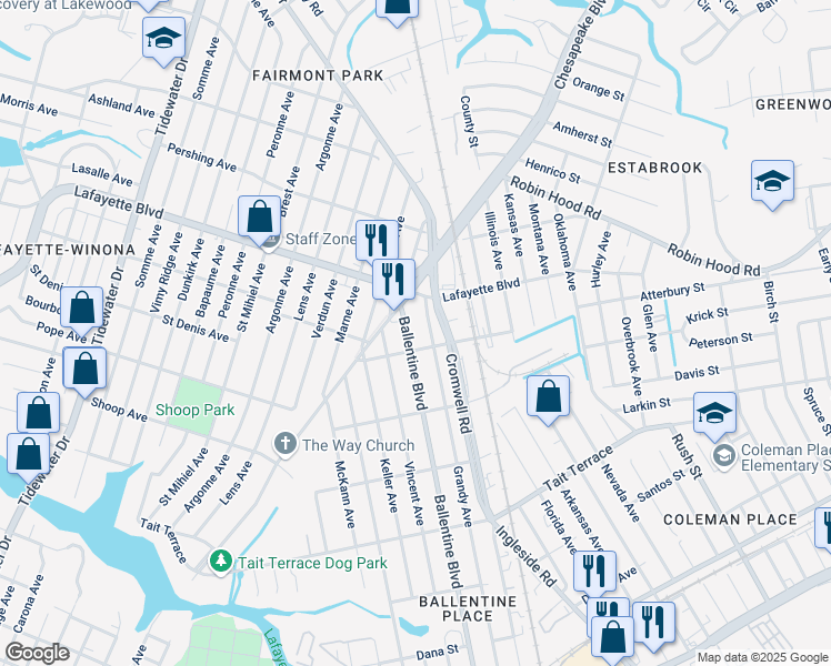 map of restaurants, bars, coffee shops, grocery stores, and more near 3012 Ballentine Boulevard in Norfolk