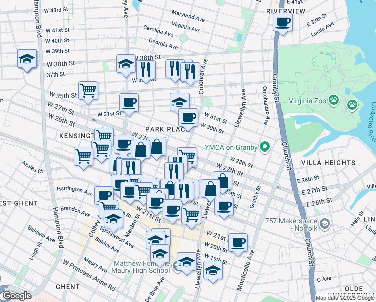 map of restaurants, bars, coffee shops, grocery stores, and more near 504 West 28th Street in Norfolk