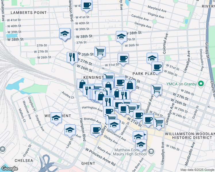 map of restaurants, bars, coffee shops, grocery stores, and more near 2401 Colley Avenue in Norfolk