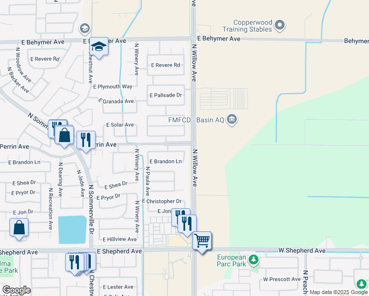 map of restaurants, bars, coffee shops, grocery stores, and more near 2970 East Deyoung Drive in Fresno