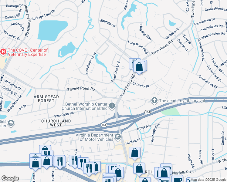 map of restaurants, bars, coffee shops, grocery stores, and more near 3690A Towne Point Road in Portsmouth