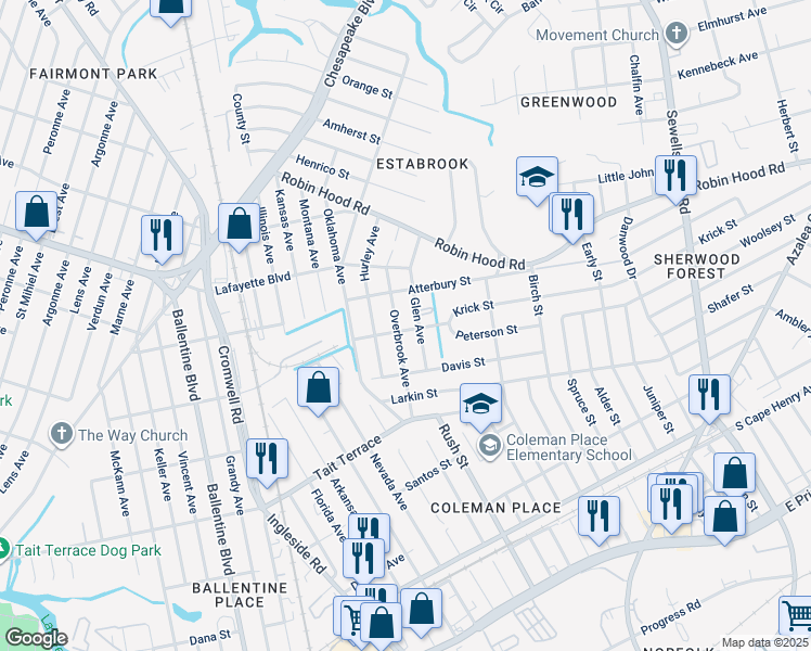map of restaurants, bars, coffee shops, grocery stores, and more near 2820 Glen Avenue in Norfolk