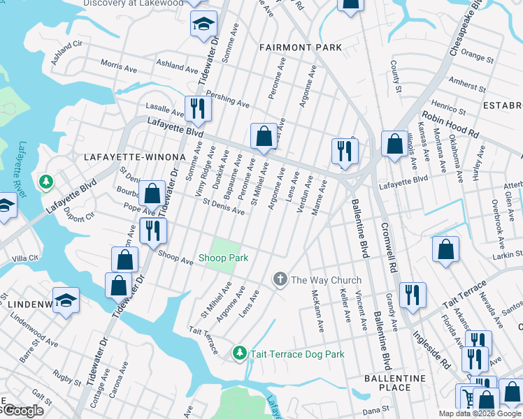 map of restaurants, bars, coffee shops, grocery stores, and more near 2969 Argonne Avenue in Norfolk