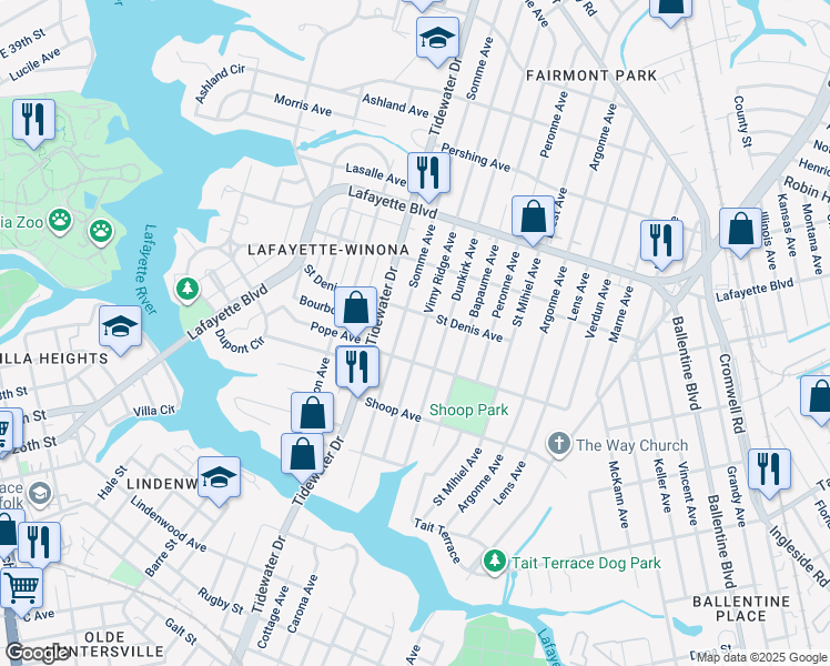 map of restaurants, bars, coffee shops, grocery stores, and more near 2014 Saint Denis Avenue in Norfolk