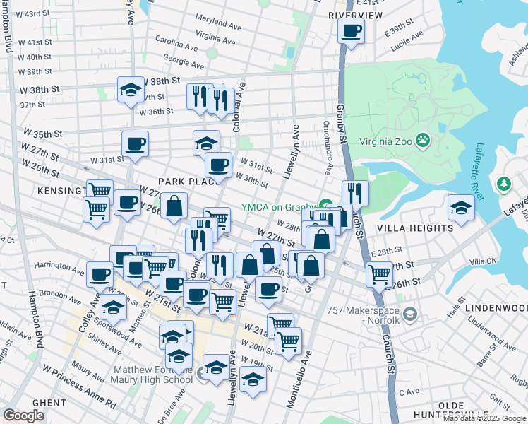 map of restaurants, bars, coffee shops, grocery stores, and more near 322 West 29th Street in Norfolk