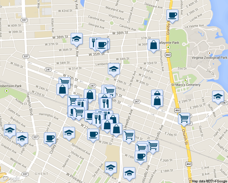 map of restaurants, bars, coffee shops, grocery stores, and more near 504 West 28th Street in Norfolk