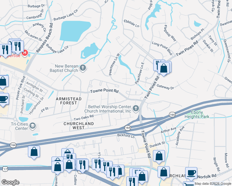 map of restaurants, bars, coffee shops, grocery stores, and more near 3796 Towne Point Road in Portsmouth