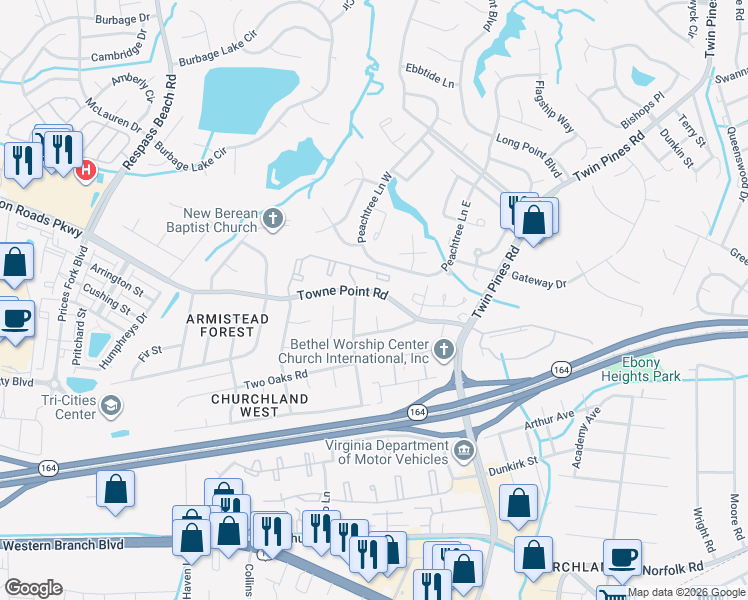 map of restaurants, bars, coffee shops, grocery stores, and more near 3796 Towne Point Road in Portsmouth