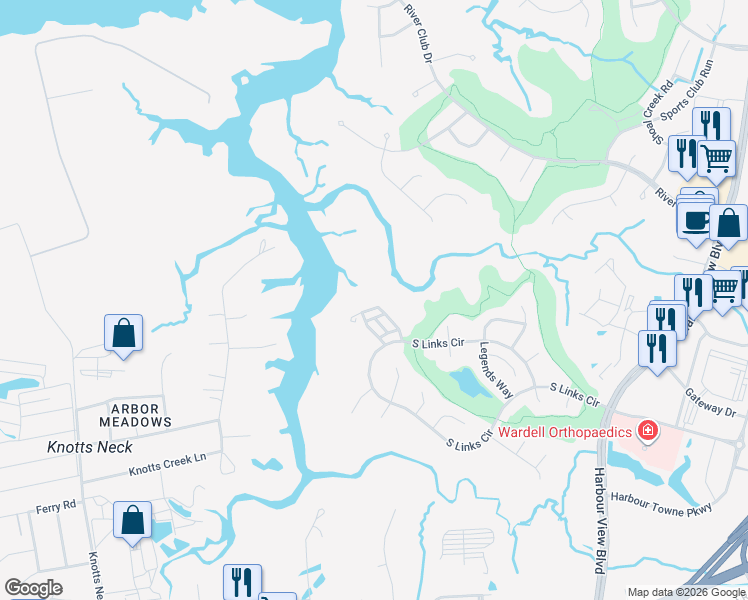 map of restaurants, bars, coffee shops, grocery stores, and more near 2102 Soundings Crescent Court in Suffolk