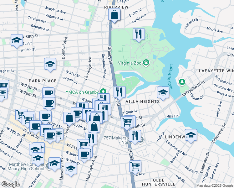 map of restaurants, bars, coffee shops, grocery stores, and more near Monticello Avenue in Norfolk