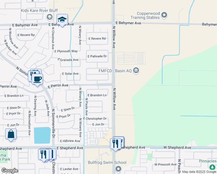 map of restaurants, bars, coffee shops, grocery stores, and more near 2970 East Deyoung Drive in Fresno