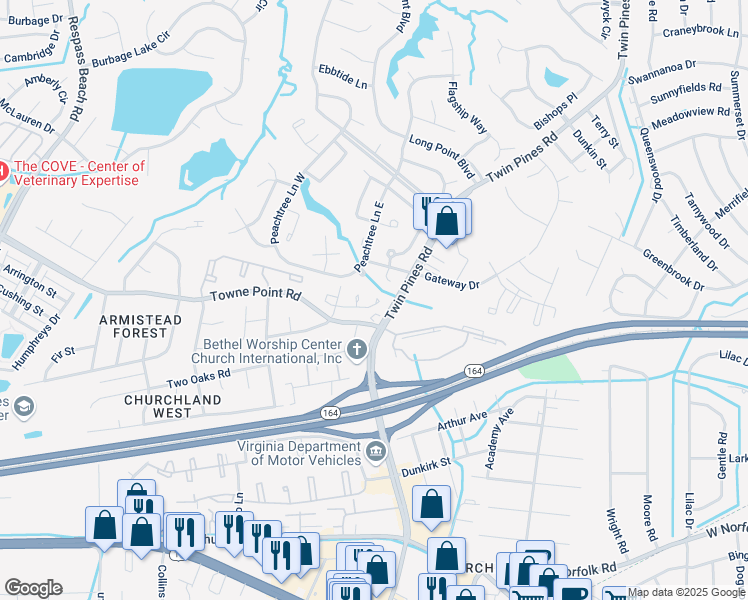 map of restaurants, bars, coffee shops, grocery stores, and more near 3714 Sugar Creek Circle in Portsmouth