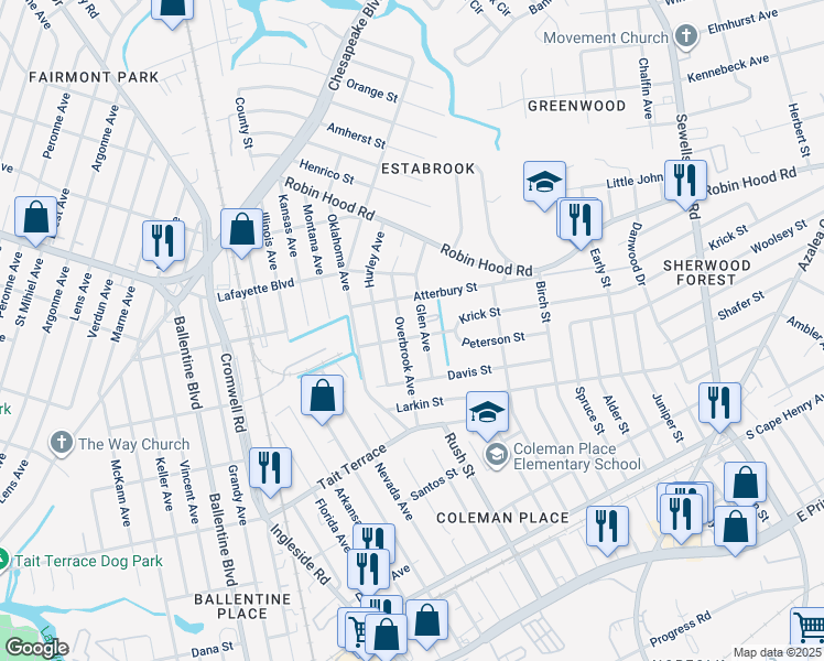 map of restaurants, bars, coffee shops, grocery stores, and more near 2820 Glen Avenue in Norfolk