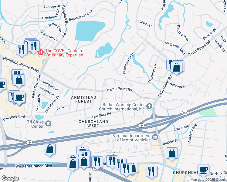 map of restaurants, bars, coffee shops, grocery stores, and more near 15 Old Church Cir in Portsmouth