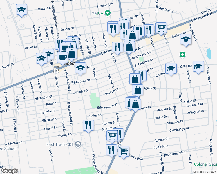 map of restaurants, bars, coffee shops, grocery stores, and more near 315 East Kathleen Street in Sikeston