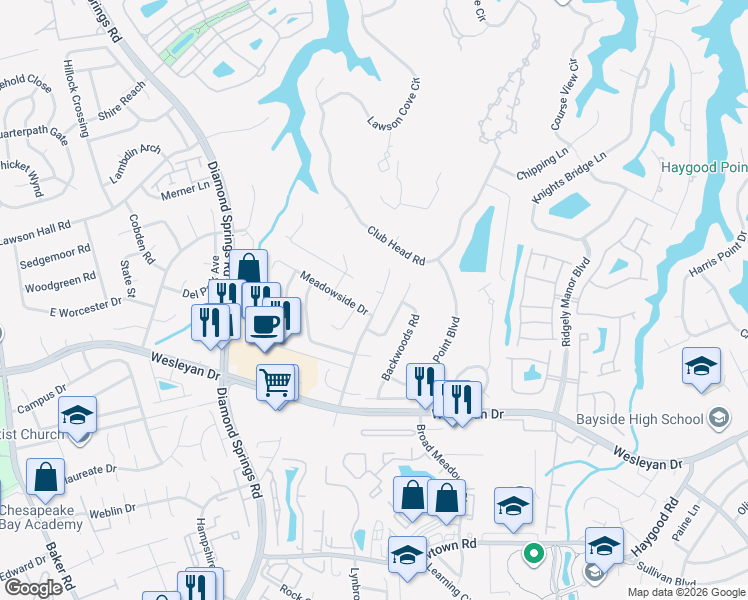 map of restaurants, bars, coffee shops, grocery stores, and more near 5404 Heatherwood Circle in Virginia Beach