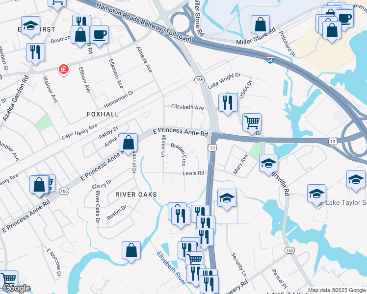 map of restaurants, bars, coffee shops, grocery stores, and more near 5535 East Princess Anne Road in Norfolk