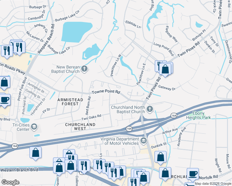 map of restaurants, bars, coffee shops, grocery stores, and more near 3796 Towne Point Road in Portsmouth